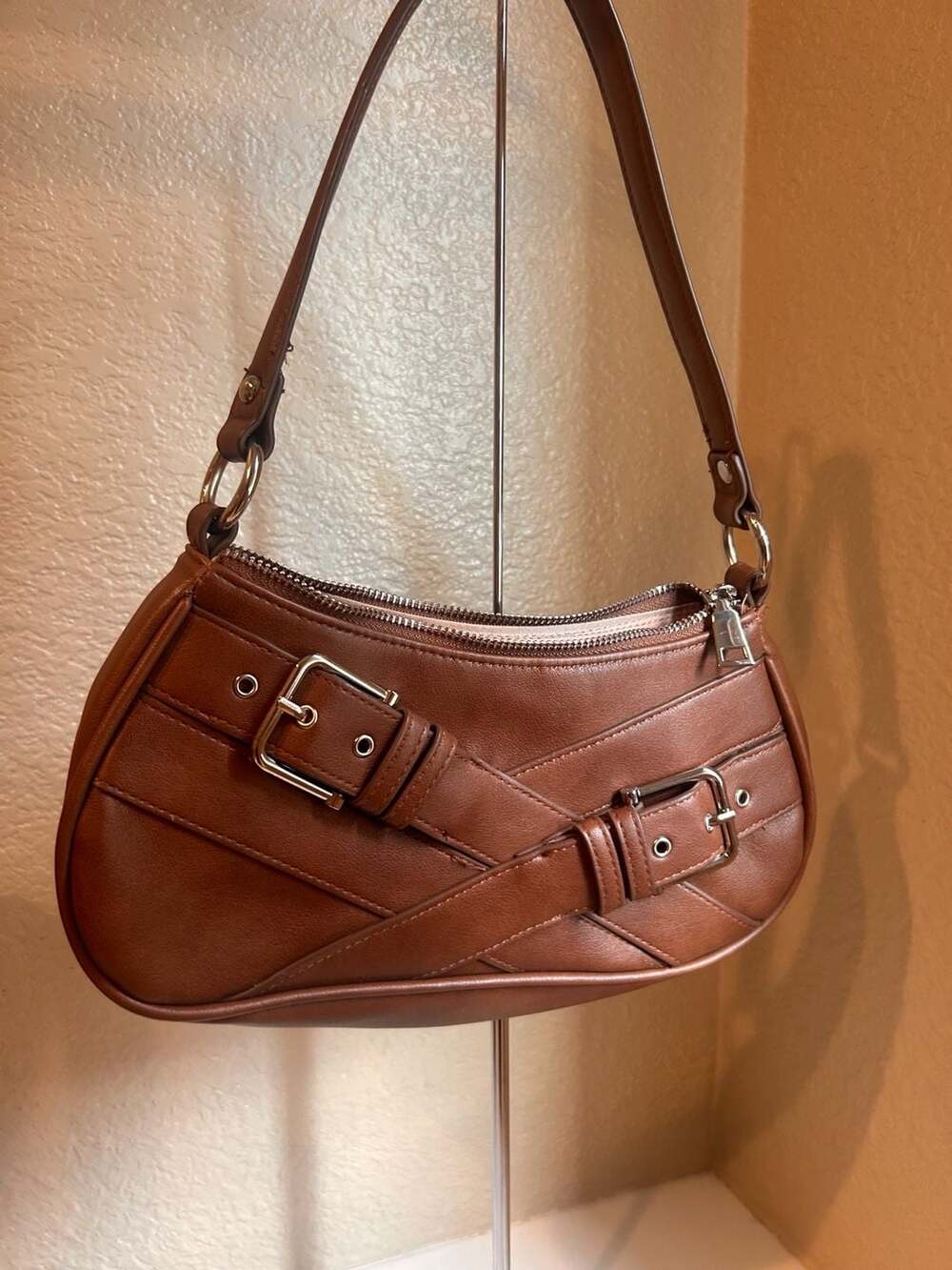 Brown PU Leather Y2K Shoulder Bag with Punk Style Buckle Straps